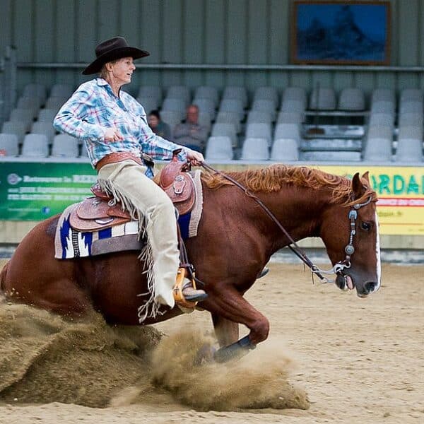 Cavalier exécutant une figure de reining en pleine compétition