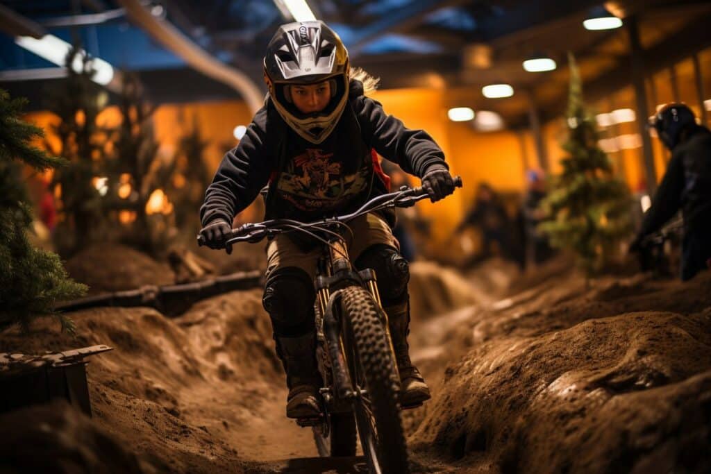 Jeune cycliste en train d'apprendre à pumper sur une mini-piste de pumptrack