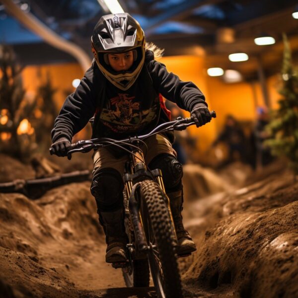 Jeune cycliste en train d'apprendre à pumper sur une mini-piste de pumptrack