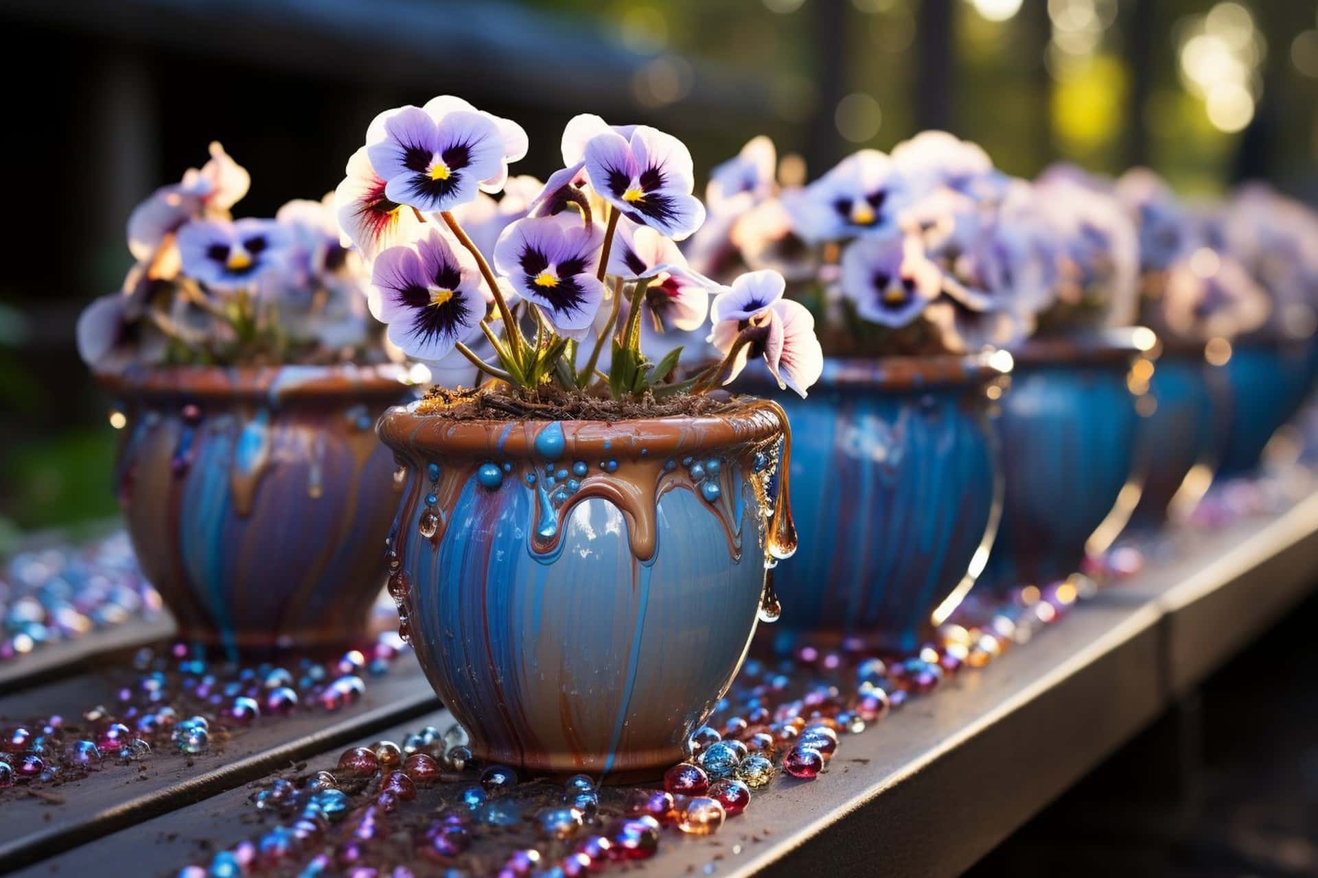 Pots en terre cuite transformés en un magnifique chef-d'œuvre artistique, avec des coulures de peinture qui forment des motifs uniques