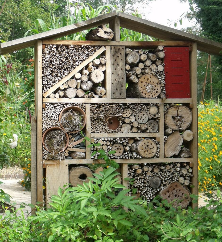 Hôtel à insectes installé dans un jardin fleuri