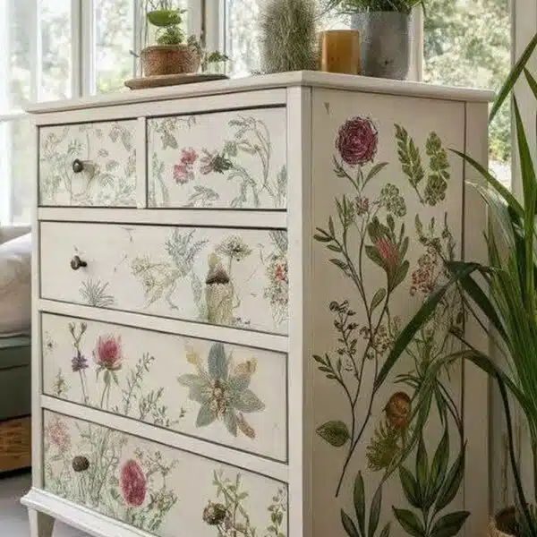 Restauration créative d’un meuble vintage avec des motifs en serviette