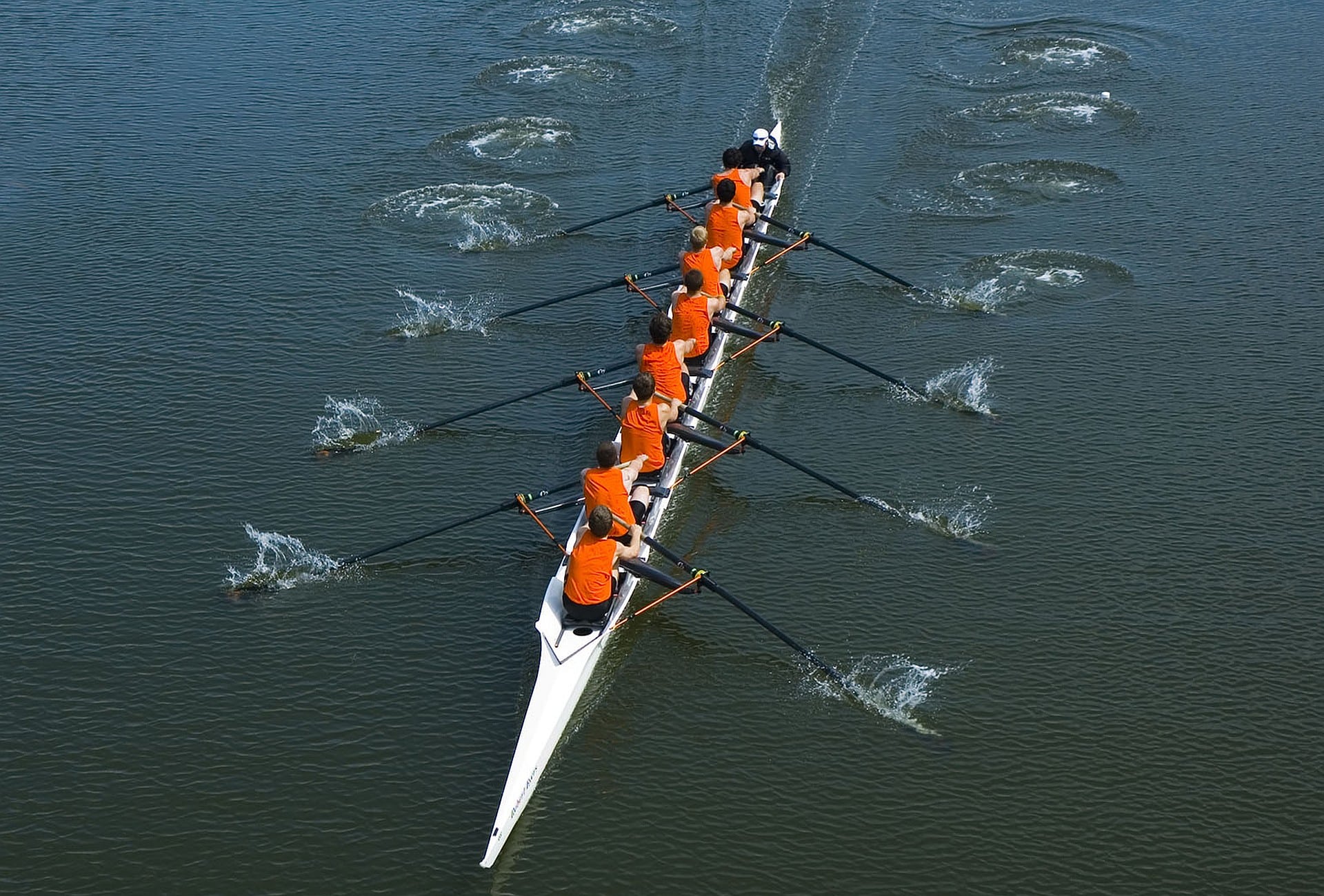 Équipe d’aviron en compétition sur un bassin