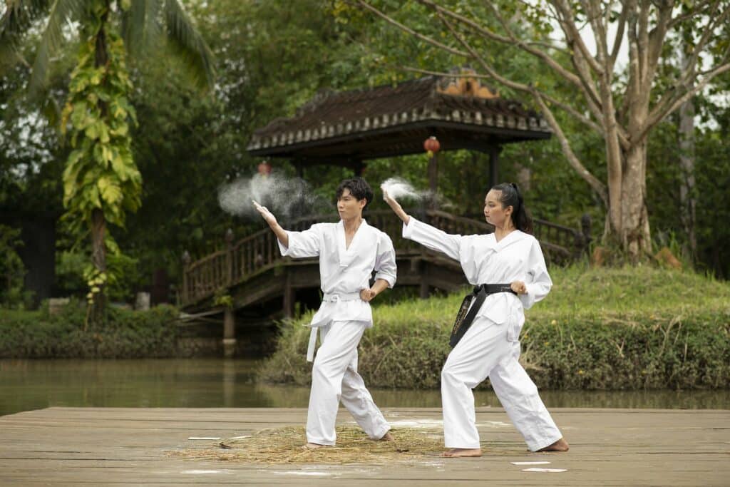 Maître de Wushu transmettant des techniques traditionnelles à un élève, symbole de transmission du savoir ancestral chinois