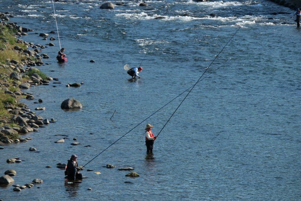 Pêcheurs pratiquant le tenkara en rivière